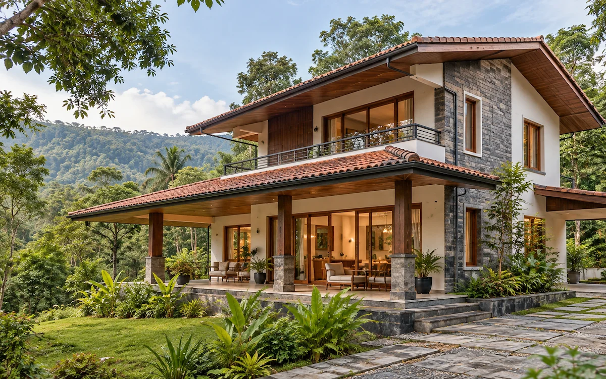 Modern two-storey home with sloping tiled roofs, a covered verandah and natural stone detailing surrounded by greenery.
